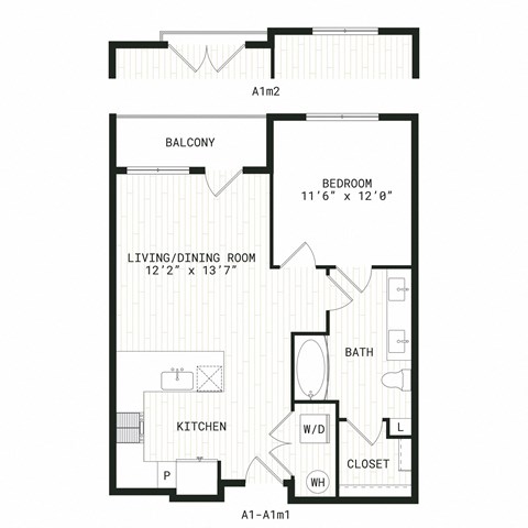 Floor plan for 1 bed, 1 bath, 701 sqft